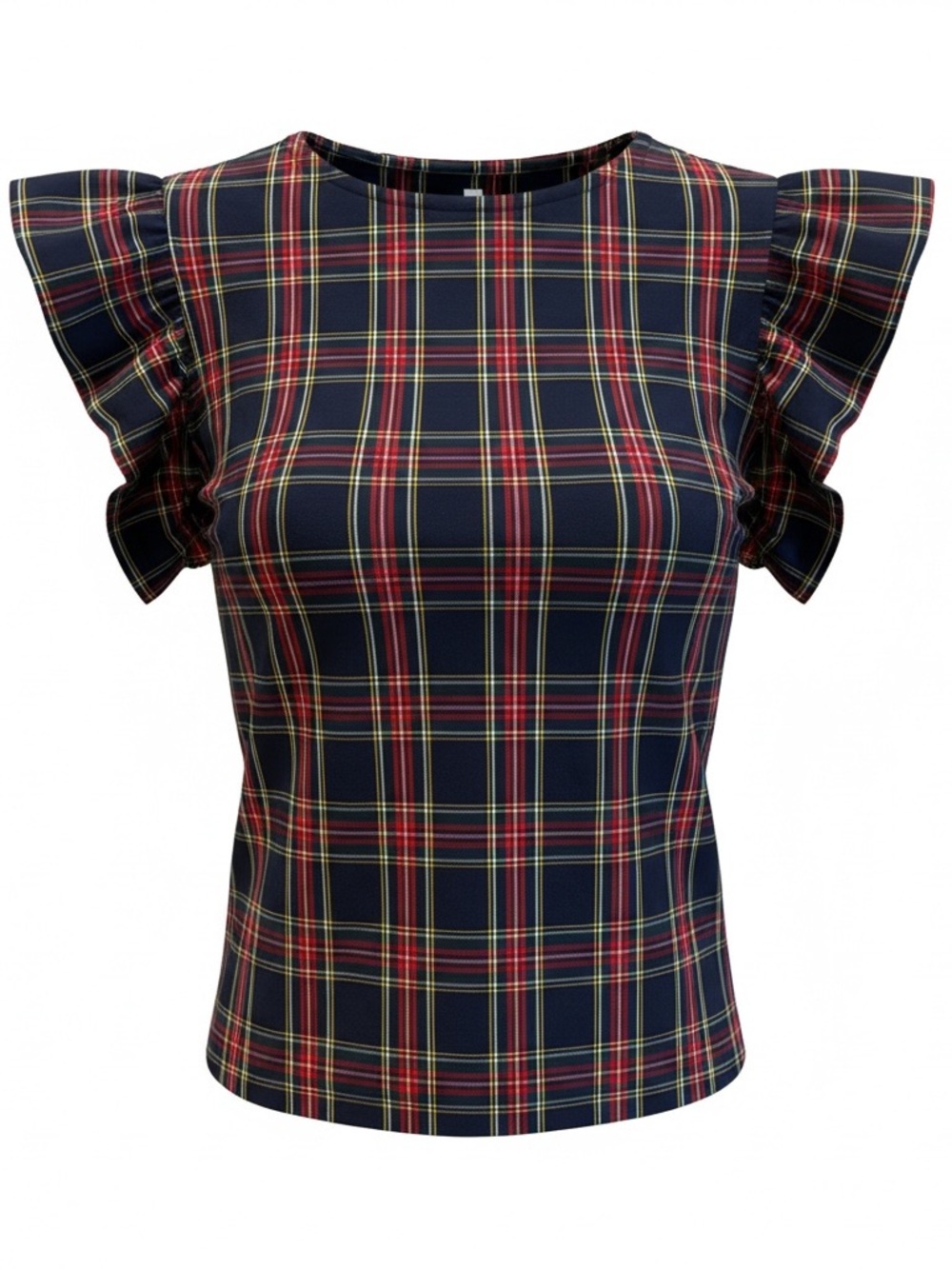 entro Navy Plaid Ruffle Sleeve Top